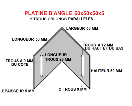 Platine d'angle 50x50x50x5 acier trous parallèles