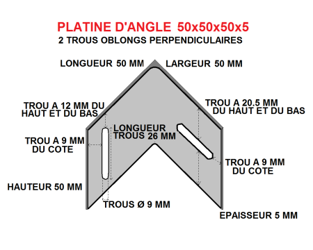 Platine d'angle 50x50x50x5 acier trous perpendiculaires