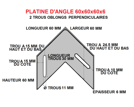 Platine d'angle 60x60x60x6 acier trous perpendiculaires.