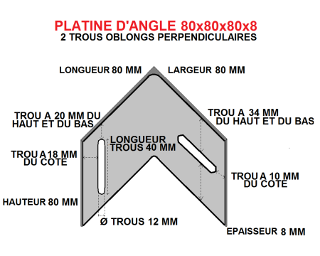 Platine d'angle 80x80x80x8 acier trous perpendiculaires