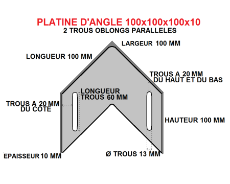 Platine d'angle 100x100x100x10 acier trous parallèles.