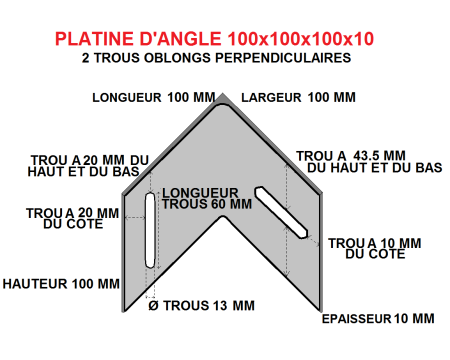 Platine d'angle 100x100x100x10 acier trous perpendiculaires.