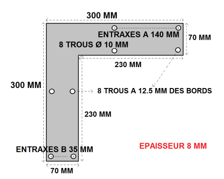 Platine d'angle à plat 300x300x70x8