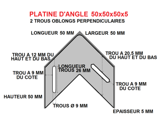 Platine d'angle 50x50x50x5 acier trous perpendiculaires