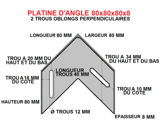 Platine d'angle 80x80x80x8 acier trous perpendiculaires