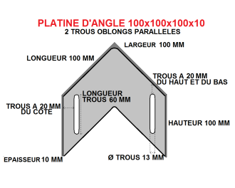 Platine d'angle 100x100x100x10 acier trous paralleles.