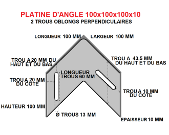 Platine d'angle 100x100x100x10 acier trous perpendiculaires.